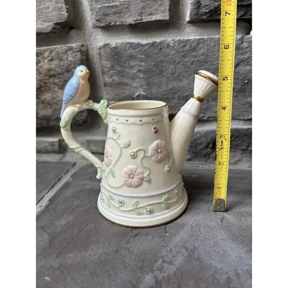 Lenox Petal And Pearls Bluebird Bud Vase Watering Can 5” Porcelain Cottagecore - Picture 10 of 11